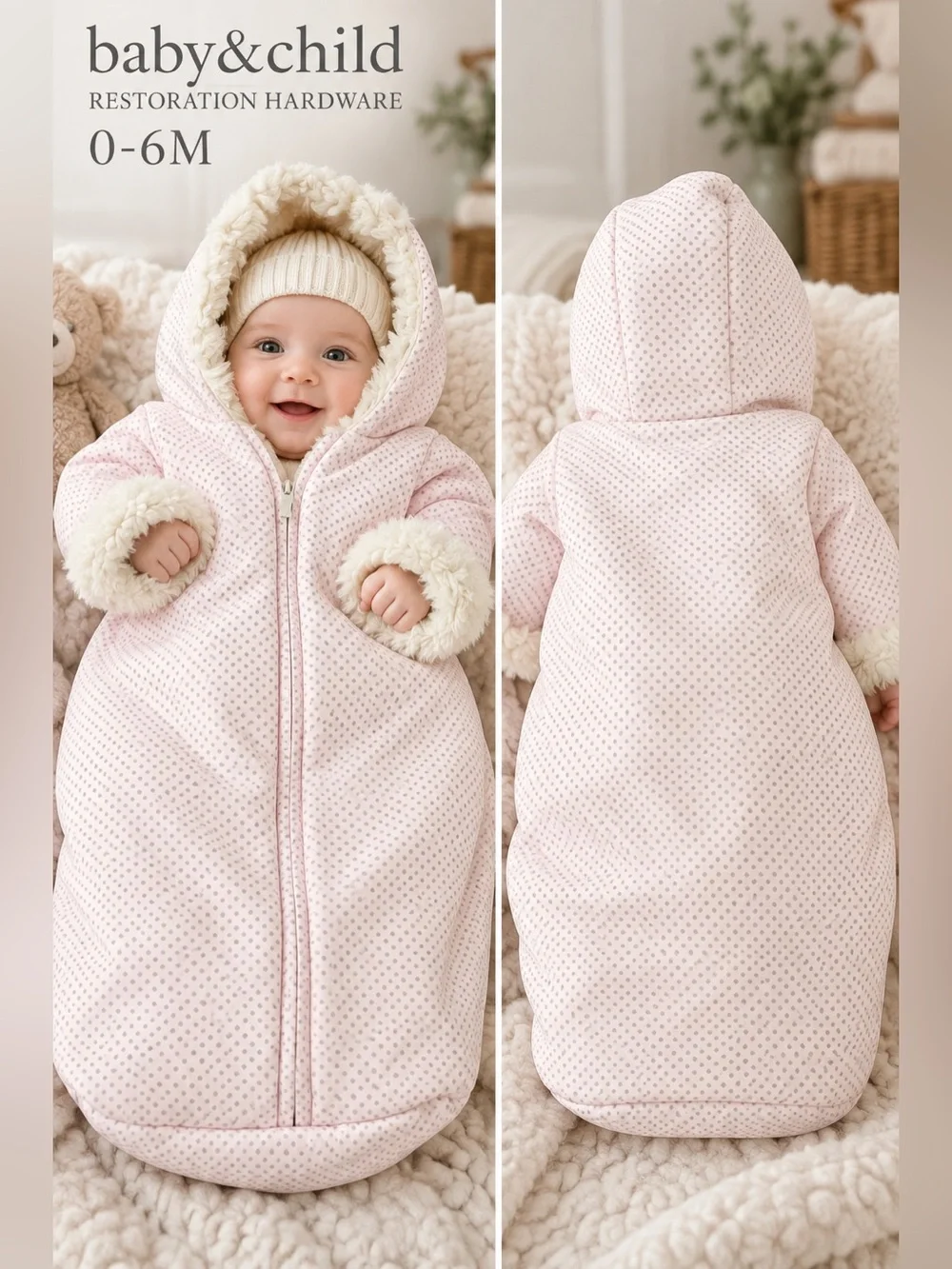 Restoration Hardware Baby & Child Pink gray Polka Dot Hooded Bunting pram 6 mos